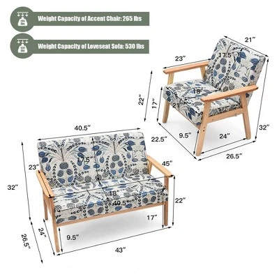 Costway Modern Living Room Sofa Set W/ Loveseat Sofa Couch & Accent Armchair