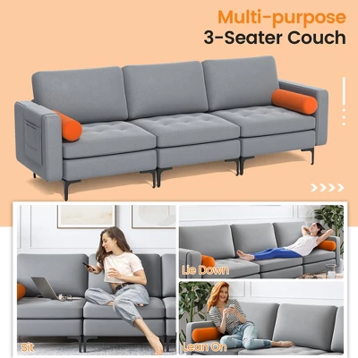 Costway Modular 3-Seat Sofa Couch With Socket USB Ports & Side Storage Pocket Ash Grey - Image 7