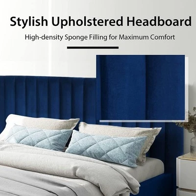 Costway Upholstered Bed Frame Full Size Modern Platform Bed With Vertical Channel Headboard No Box Spring Needed Navy/Grey - Image 6