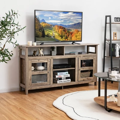 Costway 58'' TV Stand Entertainment Console Center W/ 2 Cabinets Up To 65'' GreyBlackWalnut - Image 4
