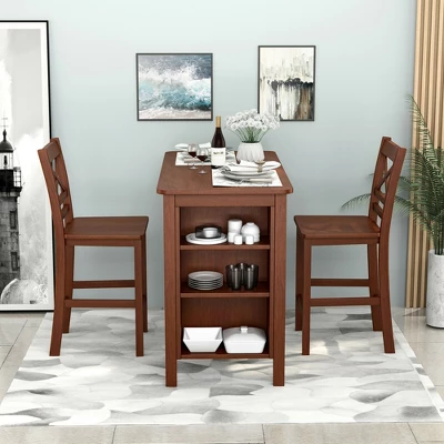 Costway Counter Height Pub Table Bar Table W/ Rubber Wood Legs & Storage Shelves - Image 3