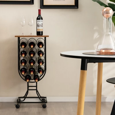 Costway 14 Bottles Wine Rack Console Table Freestanding Wine Storage With Woodtop & Wheels - Image 3