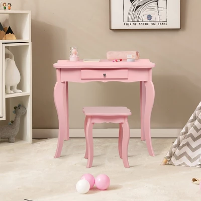 Costway Kids Vanity Table & Stool Princess Dressing Make Up Play Set For Girls Pink - Image 8