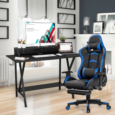 Costway Gaming Desk&Massage Gaming Chair Set W/ Footrest Monitor Shelf Power Strip Blue - Image 2
