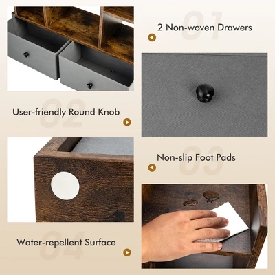 Costway Industrial Bookshelf Rustic Wooden Shelf Organizer With 2 Non-woven Fabric Drawer - Image 8