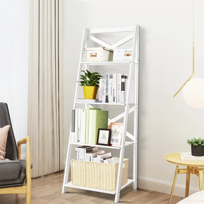Costway 4-Tier Ladder Shelf Bookshelf Bookcase Storage Display Plant Leaning Shelf White - Image 5
