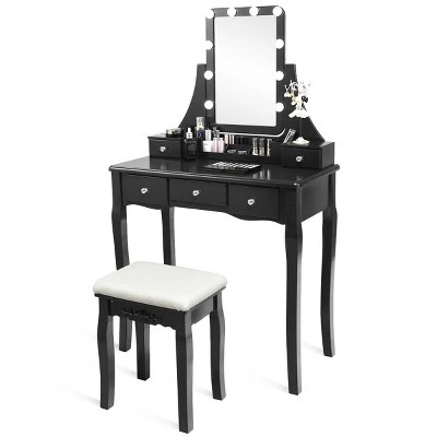 Costway Vanity Dressing Table Set W/Removable Box &10 Dimmable Bulbs Touch Switch