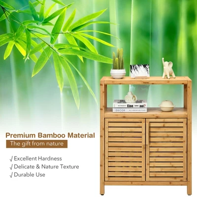 Costway Two-door Bamboo Bathroom Floor Cabinet Storage Organizer W/ Open Shelf - Image 8