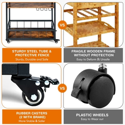 Costway 3-Tier Rolling Kitchen Cart Serving Trolley Wine Rack Removable Tray - Image 7