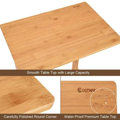 Costway Bamboo Sofa Table Laptop Desk Coffee Snack End Table Bedside Table W/Storage Bag - Image 8