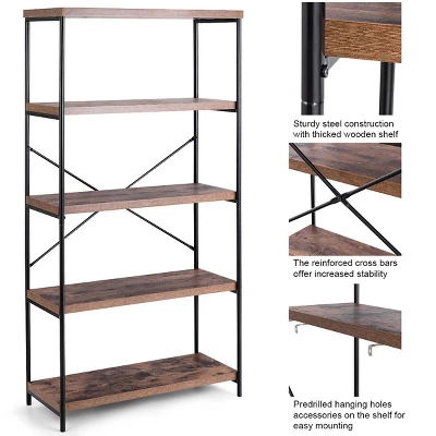 Costway 5-Tier Bookshelf, Industrial Etagere Bookcase, Rustic Display Shelf Organizer - Image 3