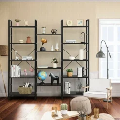 Costway Triple Wide 5-tier Bookcase Large Bookshelf Display Storage Shelf Vintage Black