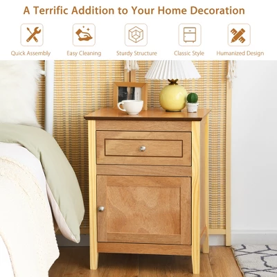 Costway 2PCS Nightstand With Drawer Accent Side End Table Storage Cabinet WhiteNatural - Image 4