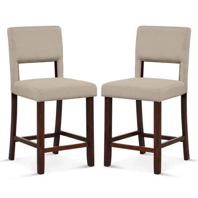 Costway Set Of 2 Upholstered Linen Bar Stools 24.5'' Wooden Dining Chairs With Back Beige/Brown - Image 9