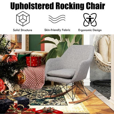 Costway Rocking Chair Fabric Rocker Upholstered Single Sofa Chair Accent Armchair Grey - Image 4