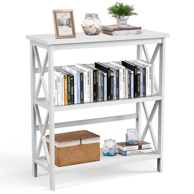 Costway Wooden Shelf Bookcase 3-Tier Open Bookshelf W/X-Design Freestanding Rack BlackBrownNaturalWhite - Image 10