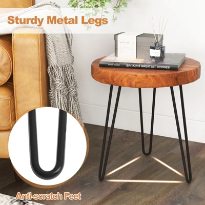 Costway Round End Table Accent Side Table Reclaimed Teak Wood Plant Stand Patio Rustic - Image 6