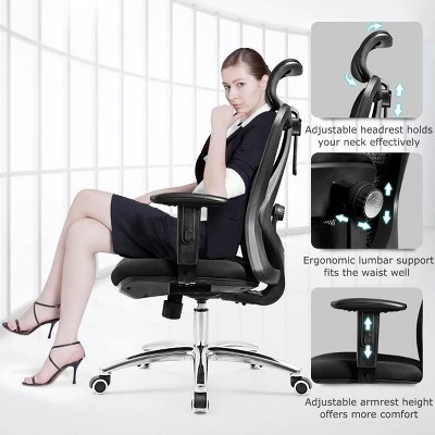 High Back Mesh Office Chair Adjustable Lumbar Support&Headrest Home Study Black - Image 5