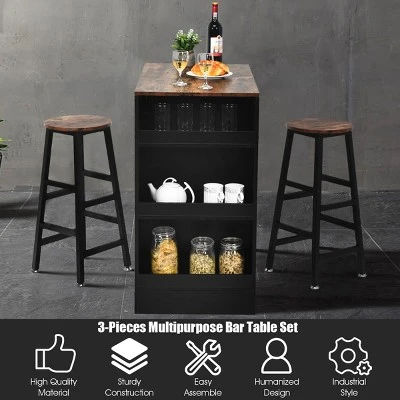 Costway 3 Pieces Bar Table Set Industrial Counter With Storage Black - Image 6