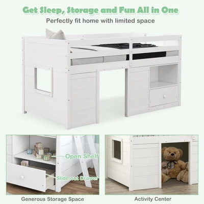 Costway Twin Size Low Loft Bed With Storage Drawer Activity Center Solid Wood Bed Frame - Image 7
