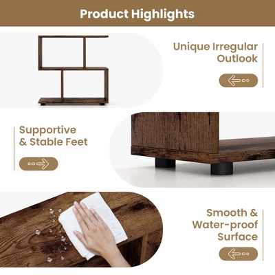 Costway 2-Tier Bookshelf Free Standing Wooden Display S-Shaped Shelf Storage Rack Black/Brown - Image 8