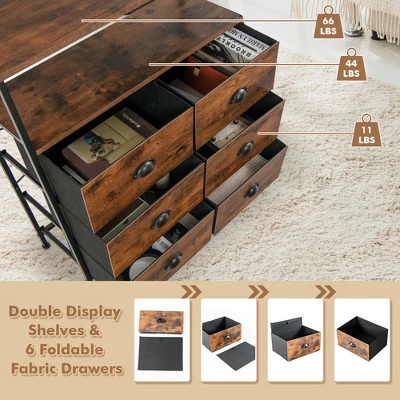 Costway 6-Drawer Dresser 2-Tier Fabric Storage Tower W/wooden Top Chest Organizer Unit - Image 4