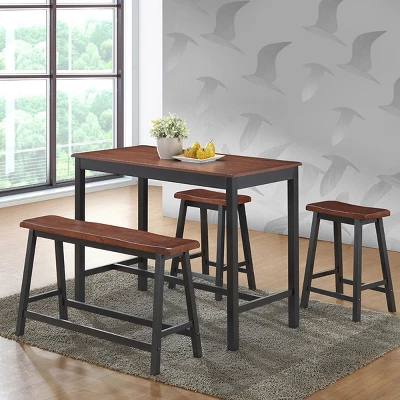 Costway 4 Pcs Solid Wood Counter Height Table Set W/ Height Bench & Two Saddle Stools Brown - Image 2