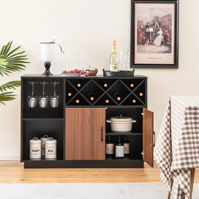 Costway Industrial Wine Bar Cabinet Sideboard Buffet With Glass Holder & Adjustable Shelf - Image 4