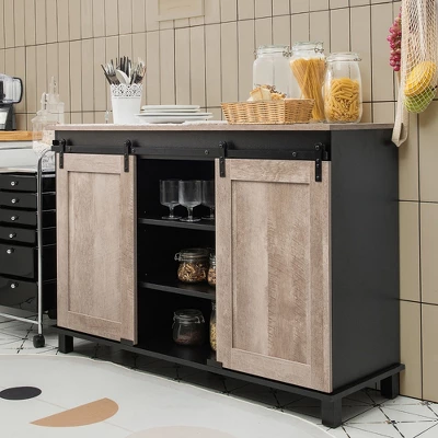 Costway Kitchen Buffet Storage Cabinet Sideboard W/ Sliding Barn Doors Adjustable Shelf - Image 9