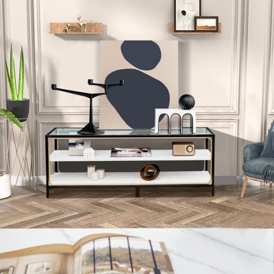 Costway 3-Tier TV Stand Entertainment Center For TV's Up To 50'' W/ Tempered Glass Top - Image 2