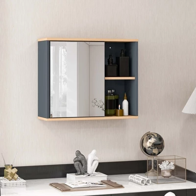 Costway Mirrored Medicine Cabinet Bathroom Wall Mounted With 3-Level Adjustable Shelf Grey - Image 2