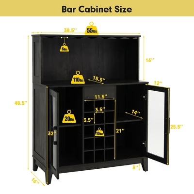 Costway 2-Door Buffet Bar Cabinet Kitchen Storage Sideboard Wine Rack Glass Holder GreyBlack - Image 3