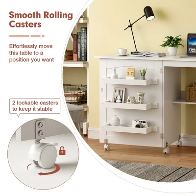 Costway White Folding Sewing Craft Table With Storage Shelves Cabinet Lockable Wheels - Image 5