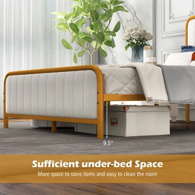 Costway Full Gold Metal Bed Frame Upholstered Platform Bed With Velvet Headboard - Image 8