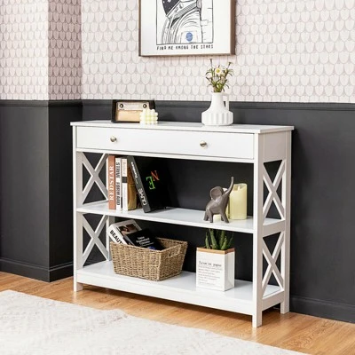 Costway 3-Tier Console Table X-Design Sofa Entryway Table With Drawer & Shelves Gray Espresso - Image 2