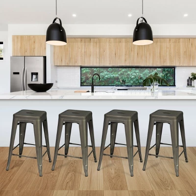 Costway Set Of 4 Low Back Metal Counter Stool 24'' Seat Height Industrial Bar Stools GunBlack - Image 3