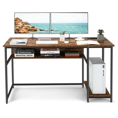 Costway 55'' Computer Desk Home Office PC Workstation W/ Power Outlets & USB Ports Rustic / Black - Image 9