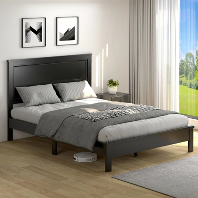 Costway Twin/Full/Queen Size Bed Frame Platform Slat High Headboard Bedroom Rubber Wood Leg - Image 3