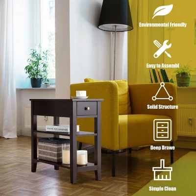 Costway 2 PCS 3Tier Nightstand Bedside Side End Table W/Double Shelves Brown - Image 5