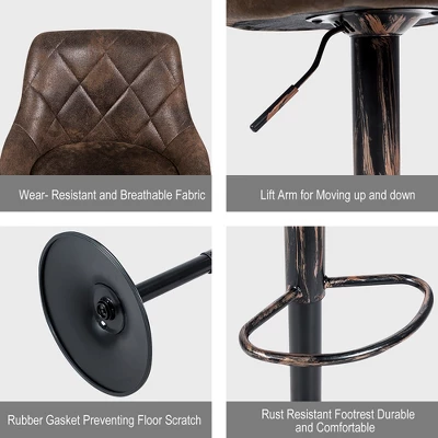 Costway Set Of 2 Adjustable Bar Stools Swivel Bar Chairs Hot-stamping Cloth Retro Brown Low Back - Image 8