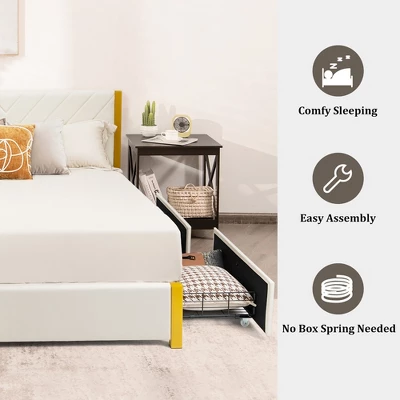 Costway FullQueen Size Upholstered Bed Frame Wooden Slatted Adjustable Headboard 4 Drawers - Image 5