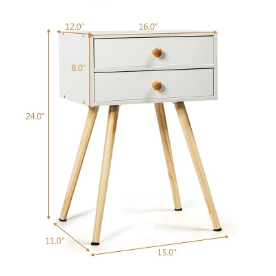 Costway 2PCS Mid Century Modern 2 Drawers Nightstand In White Sofa Side Table End Table