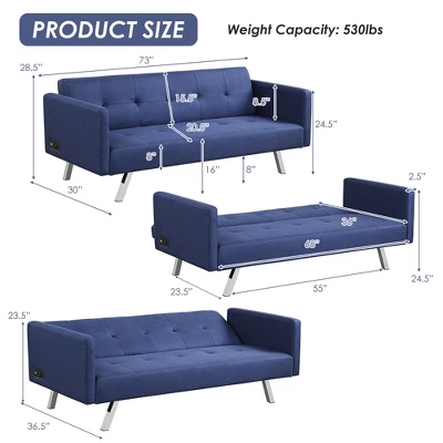Costway Convertible Futon Sofa Bed Folding Recliner W/USB Ports&Power Strip GreyBlue