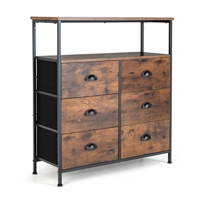Costway 6-Drawer Dresser 2-Tier Fabric Storage Tower W/wooden Top Chest Organizer Unit - Image 9