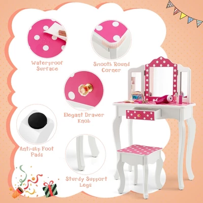 Costway Kid Vanity Set Wooden Makeup Table Stool Tri-Folding Mirror Polka Dot Print Pink - Image 6