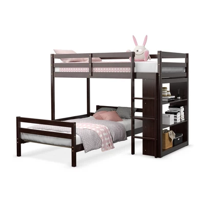 Costway Twin Over Twin Loft Bunk Bed Wood W/Bookcase Guardrail Ladder Kids Bedroom - Image 10