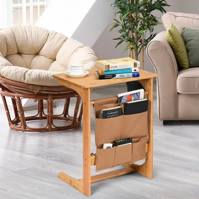 Costway Bamboo Sofa Table Laptop Desk Coffee Snack End Table Bedside Table W/Storage Bag - Image 3