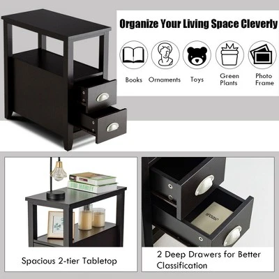 Costway End Table Space-Saving Rectangular Bedside Table W/ 2 Drawers & Shelf Espress - Image 5