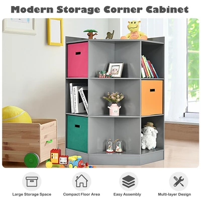 Costway 3-Tier Kid Storage Shelf Cubes W/3 Baskets Corner Cabinet Organizer Gray - Image 5