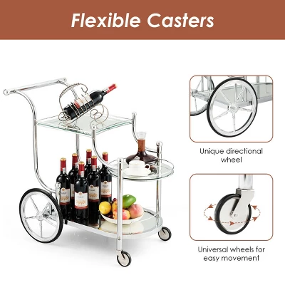 Costway Kitchen Cart Tea Cart Glass Shelves & Metal Frame With Wheels - Image 6